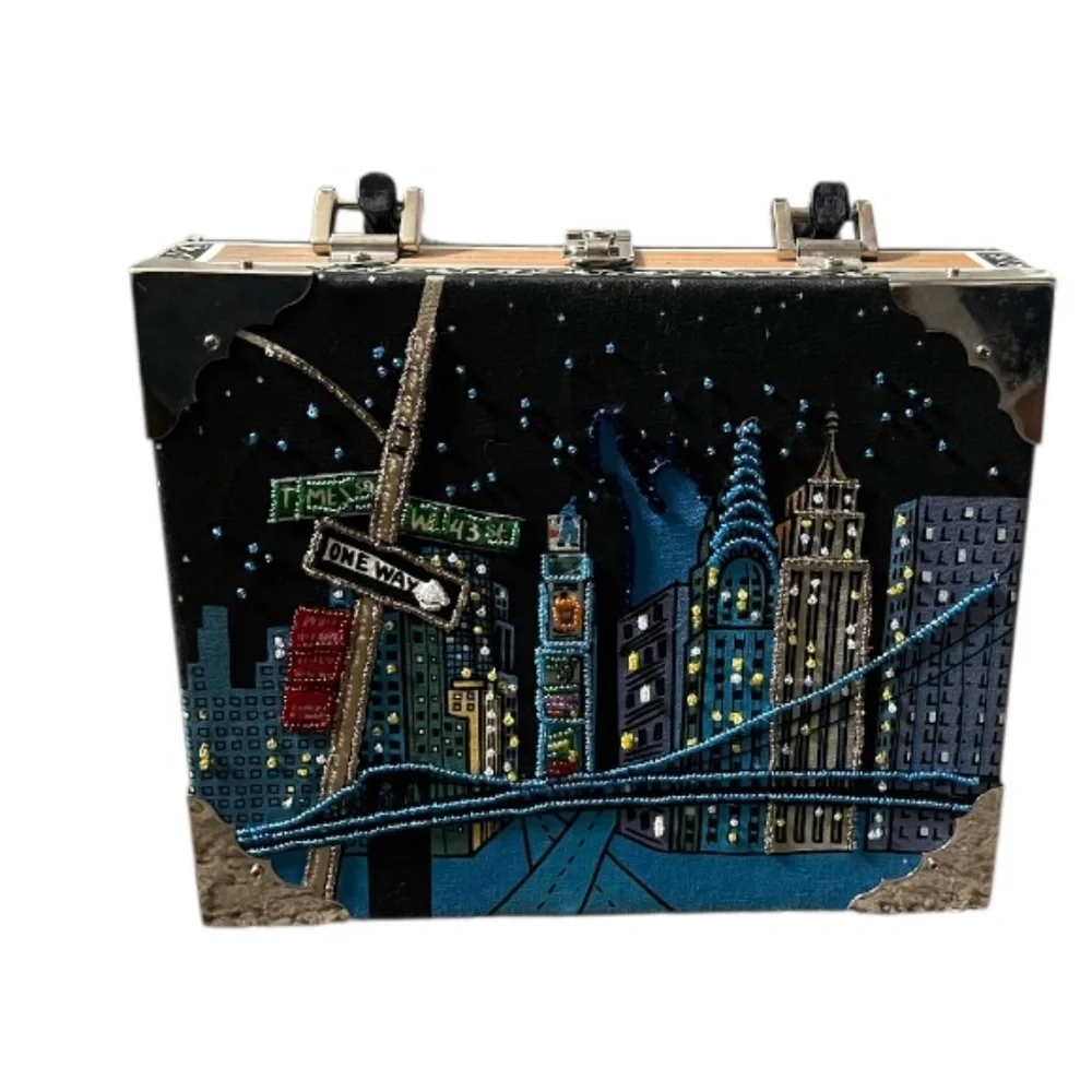 Vintage Bueno NYC Skyline Cigar Box Beaded Purse Black Bamboo Acrylic Handle